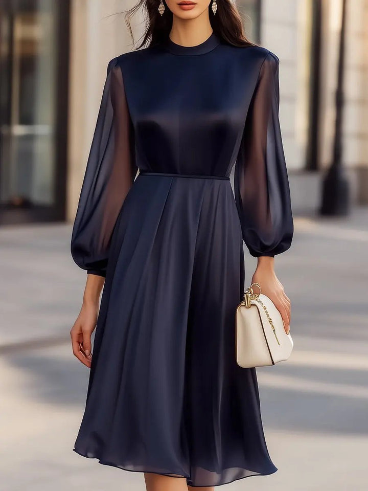 Elegant Navy Chiffon Sheer-Sleeve - Midi Dress CASA LARO