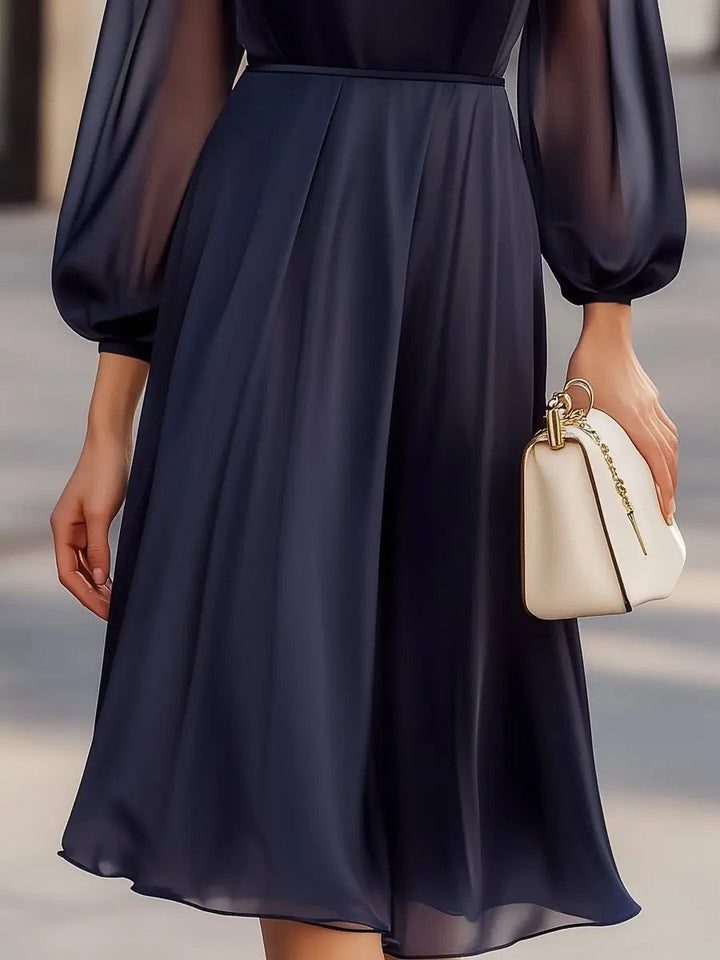 Elegant Navy Chiffon Sheer-Sleeve - Midi Dress CASA LARO
