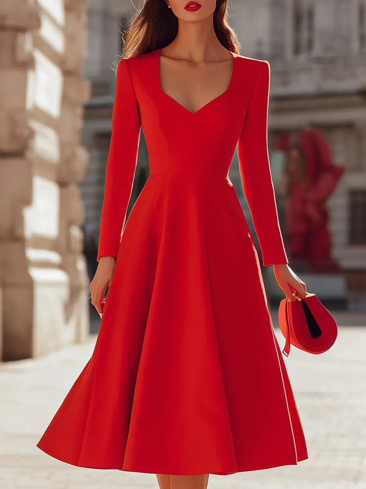 Elegant Red V-Neck Fit-and-Flare - Midi Dress CASA LARO