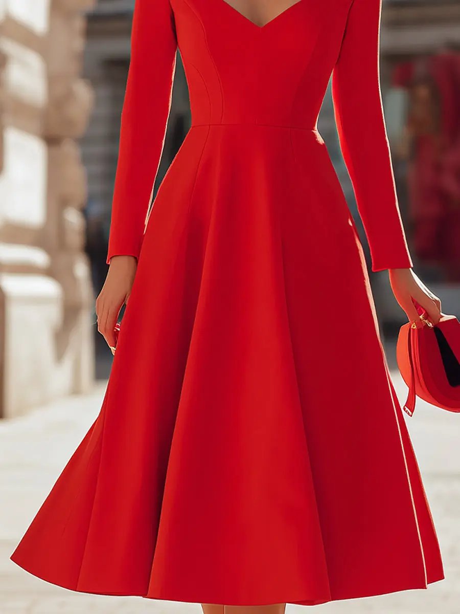Elegant Red V-Neck Fit-and-Flare - Midi Dress CASA LARO