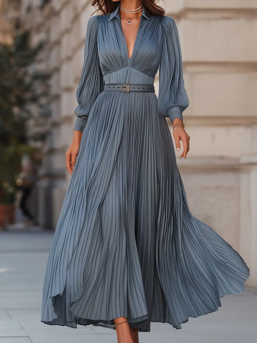 Elegant Steel Blue Pleated A-Line - Midi Dress CASA LARO