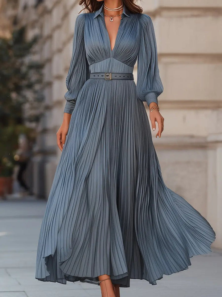 Elegant Steel Blue Pleated A-Line - Midi Dress CASA LARO