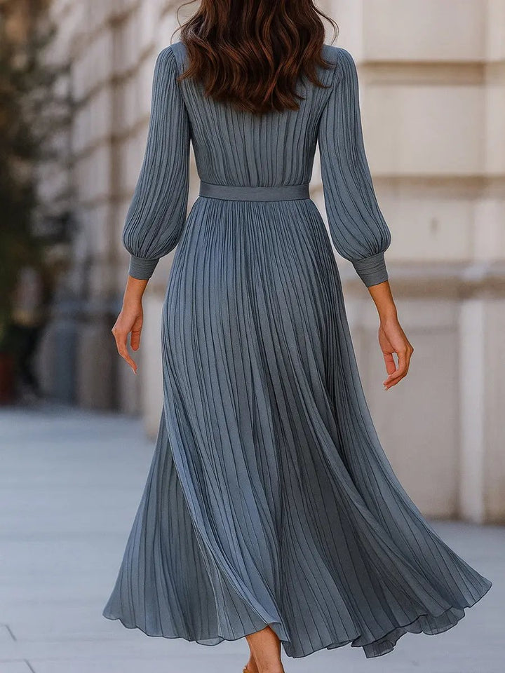 Elegant Steel Blue Pleated A-Line - Midi Dress CASA LARO