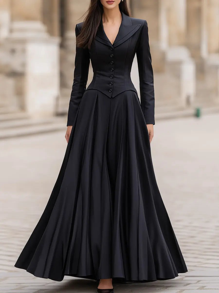 Elegant Tailored Waist Long-Sleeve Fitted Silhouette - Maxi Dress CASA LARO