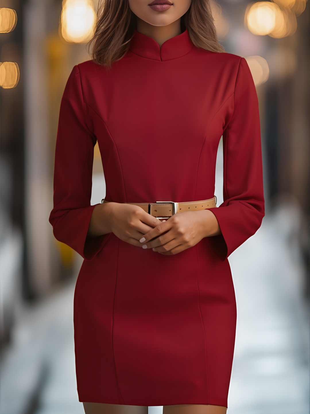 Elegant White Mandarin Collar Belted - Midi Dress CASA LARO