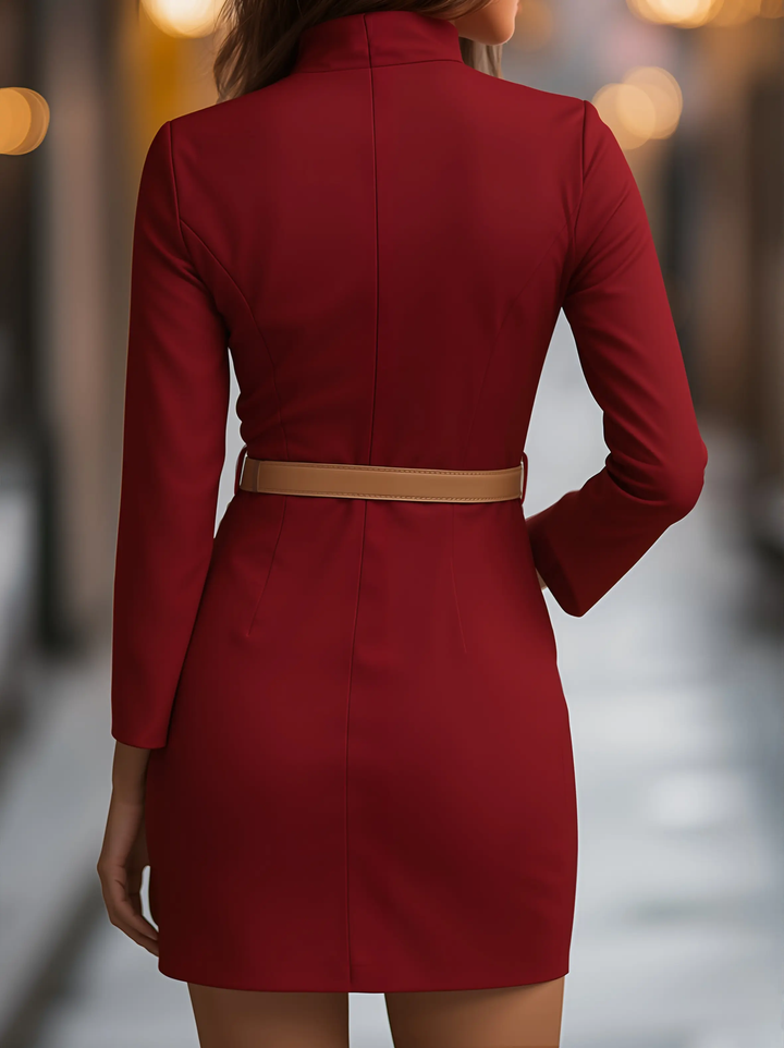 Elegant White Mandarin Collar Belted - Midi Dress CASA LARO