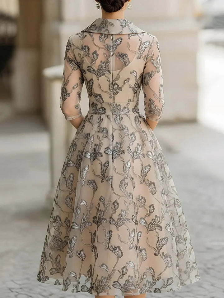 Embroidered Metallic Leaf Mesh Midi Dress - Midi Dress CASA LARO