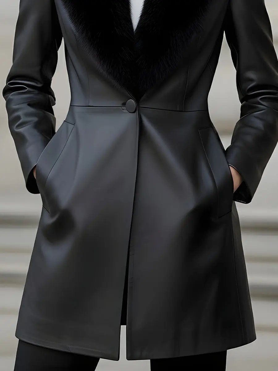 Faux Leather Shawl-Collar with Faux Fur Trim - Coat CASA LARO