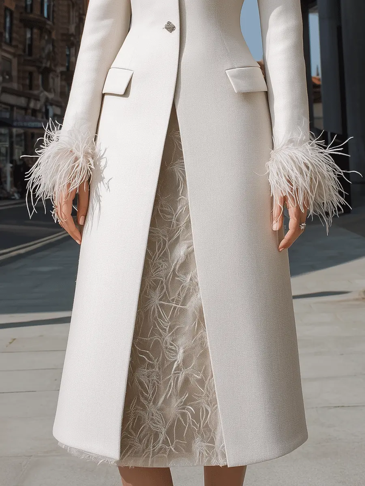 Ivory Feather-Cuff Embellished Longline Coat-Dress - Maxi Dress CASA LARO
