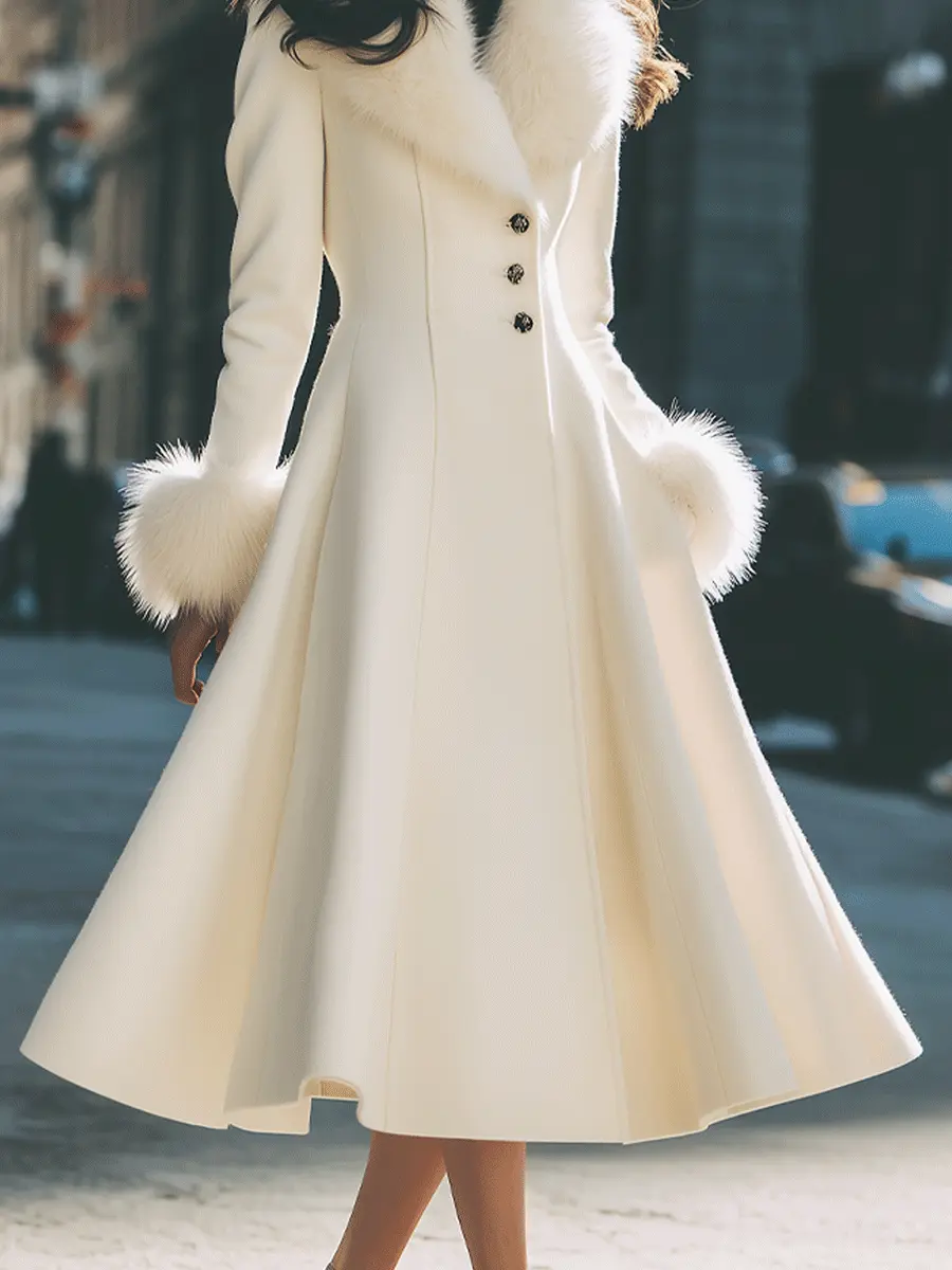 Ivory Flared Coat with Faux Fur Collar & Cuffs - Coat CASA LARO