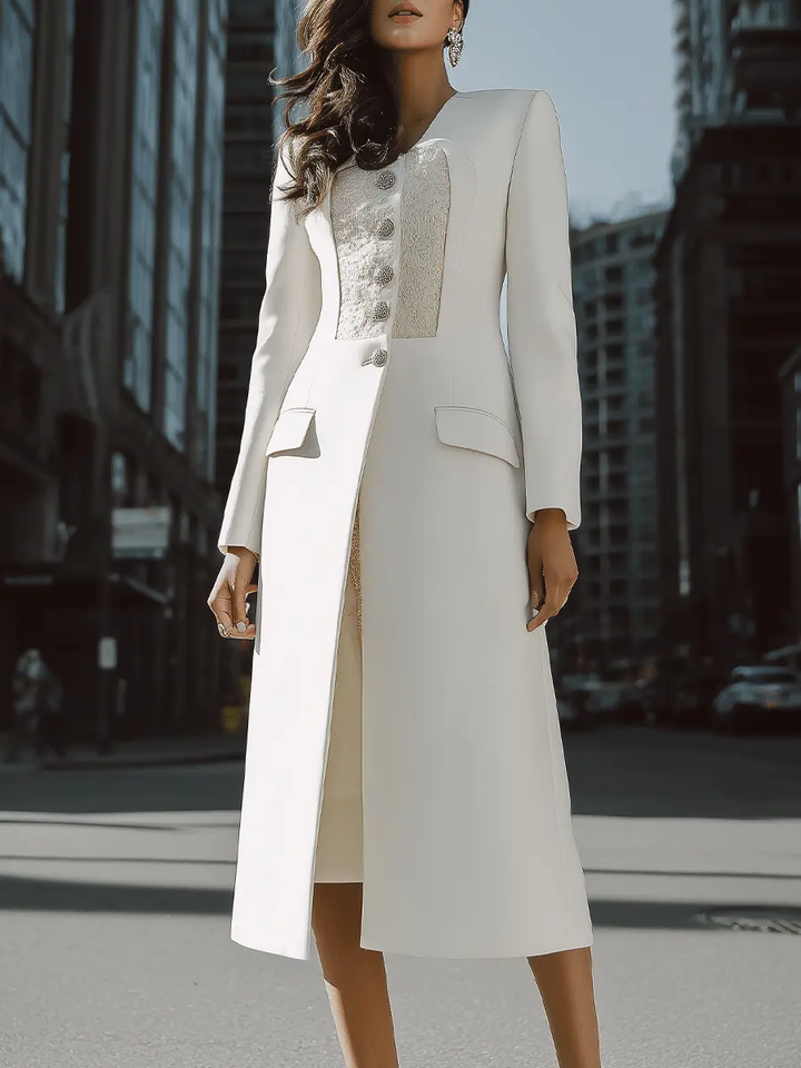 Ivory Longline Coat with Textured Contrast Panel & Silver Buttons - Coat CASA LARO