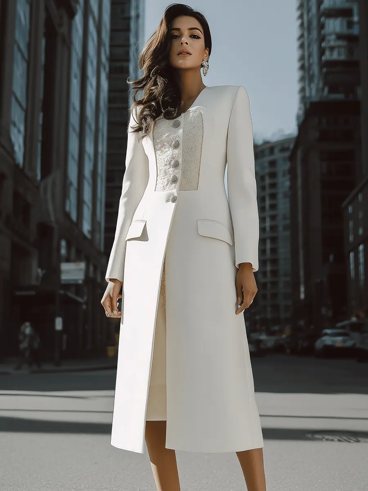 Ivory Longline Coat with Textured Contrast Panel & Silver Buttons - Coat CASA LARO