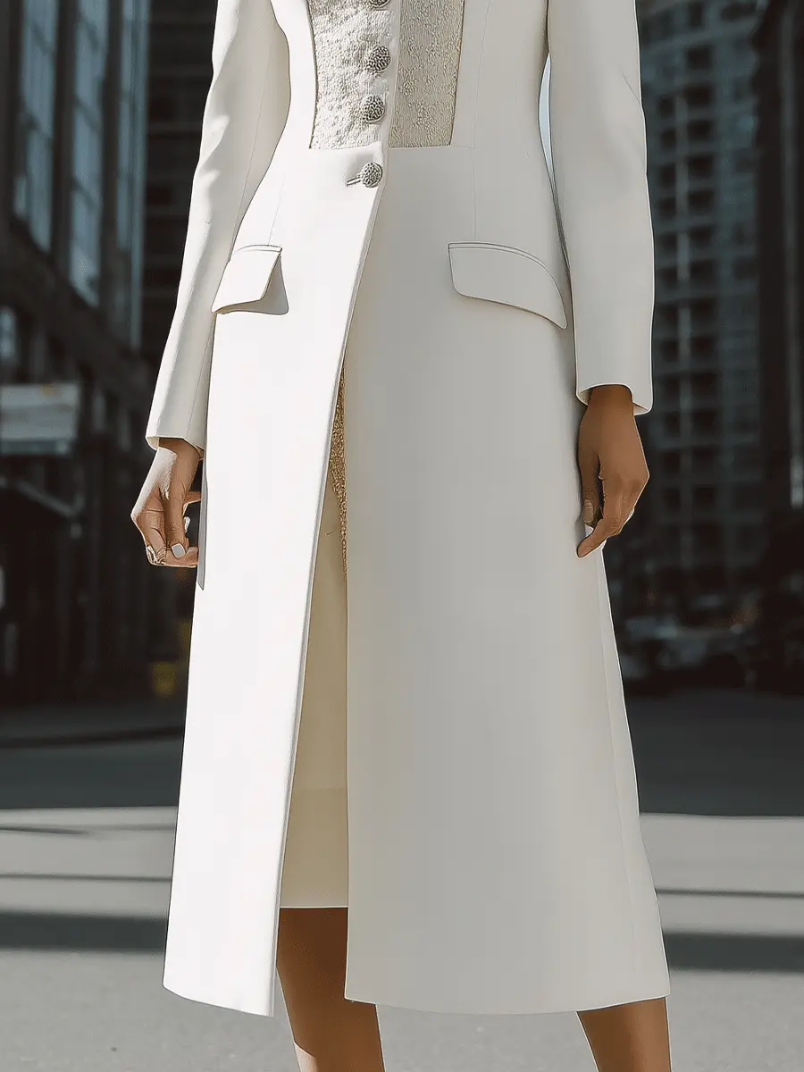 Ivory Longline Coat with Textured Contrast Panel & Silver Buttons - Coat CASA LARO