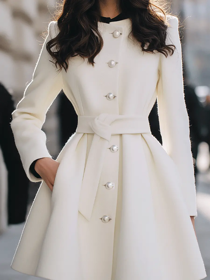 Ivory Pearl-Button Short Coat With Waist Tie - Coat CASA LARO