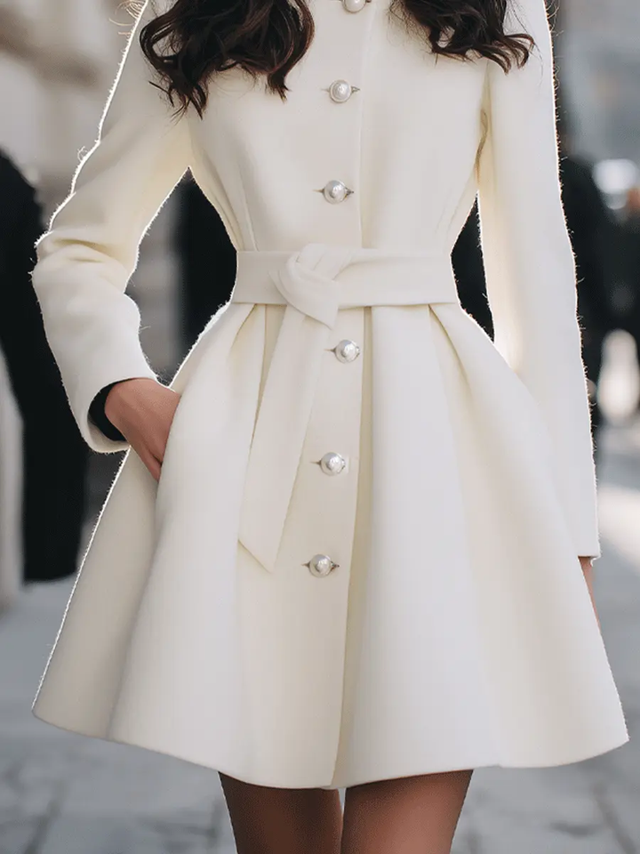 Ivory Pearl-Button Short Coat With Waist Tie - Coat CASA LARO