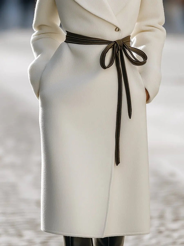Ivory Wool-Blend Contrast Tie-Belt Longline - Coat CASA LARO