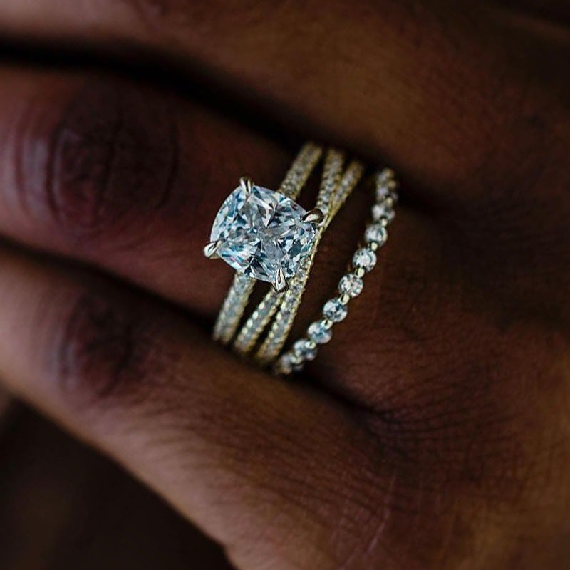 3pcs Classic Golden Tone Cushion Cut Wedding Ring Set In Sterling Silver Shineofdiamond