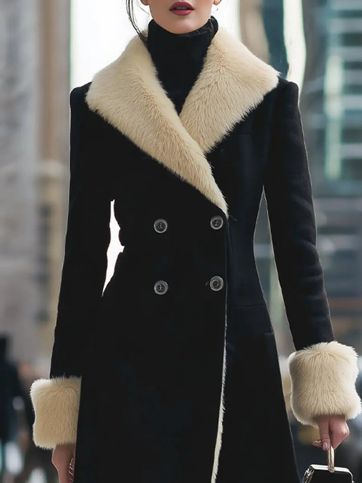 Luxurious Black Coat With Cream Faux Fur Trim - Winter Coat CASA LARO
