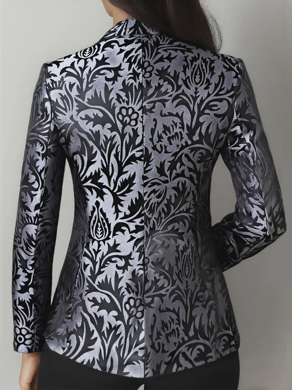 Luxury Black & Silver Floral Jacquard Tailored Blazer - Blazer CASA LARO