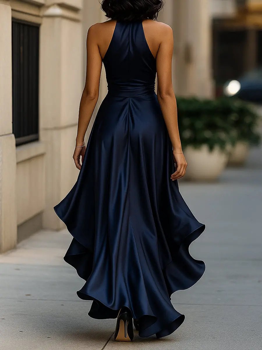 Midnight Satin Halter with Ruffle Detail - Maxi Dress CASA LARO
