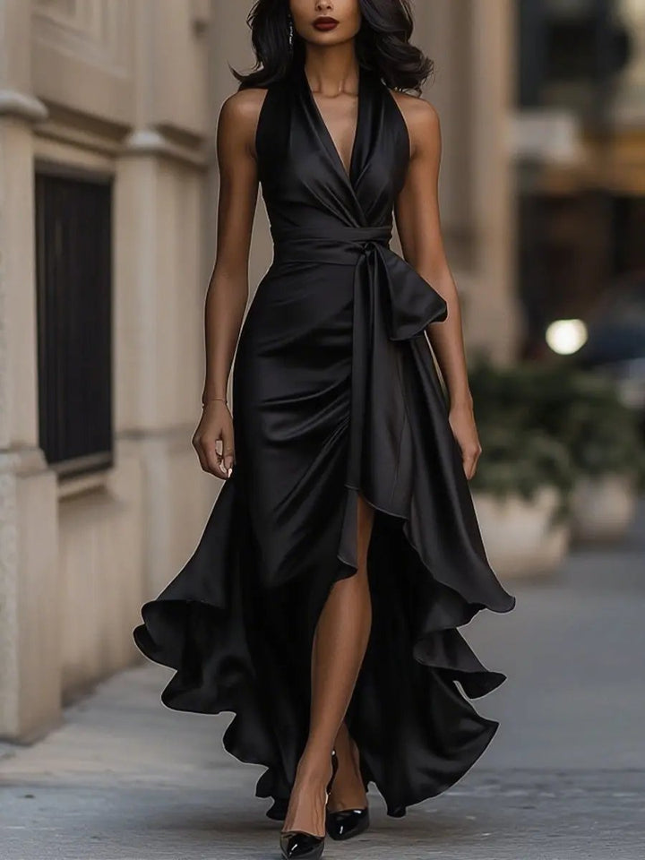 Midnight Satin Halter with Ruffle Detail - Maxi Dress CASA LARO