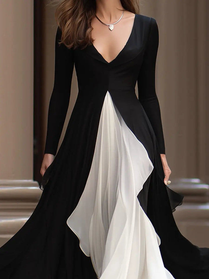 Monochrome Flowing Contrast-Panel Evening Gown - Maxi Dress CASA LARO