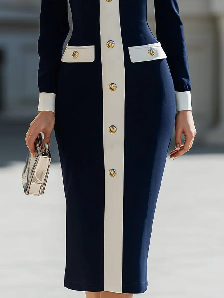 Navy & White Contrast Button-Front Shirt Dress - Midi Dress CASA LARO