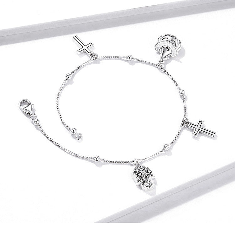 Halloween ‌‌Skeleton Cross Pumpkin Sterling Silver Bracelet shine of diamond