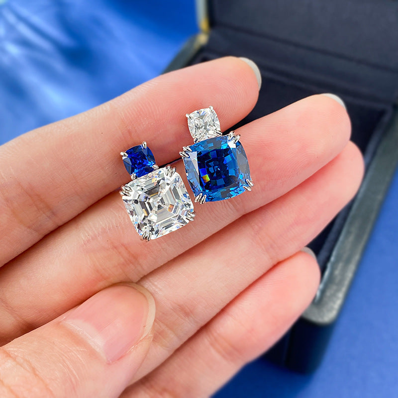 Asscher Cut and Cushion Cut Sapphire Blue Dangle Earrings in Sterling Silver shine of diamond
