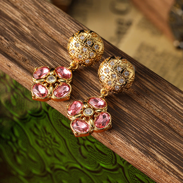 Vintage Pink Flower Design Golden Tone Drop Earrings Carly Jewelry