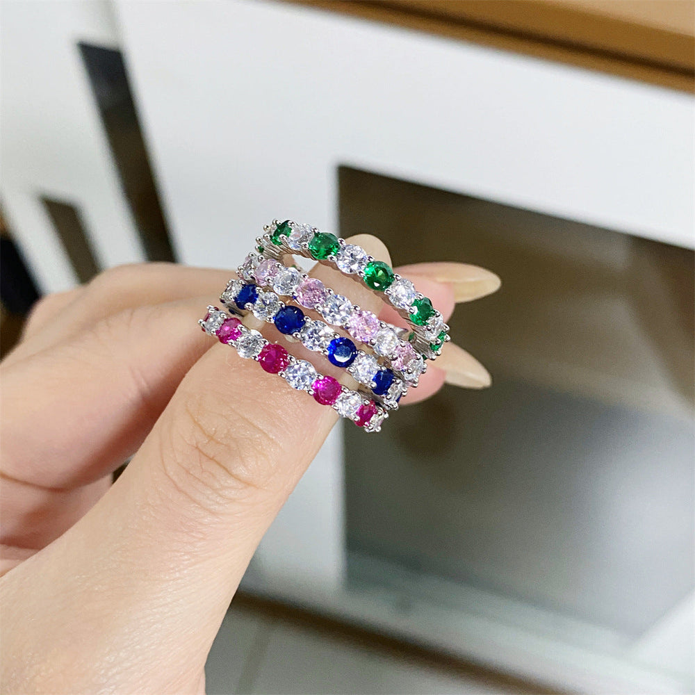 Stunning Sterling Silver Rainbow Color Eternity Band Ring for Women shine of diamond