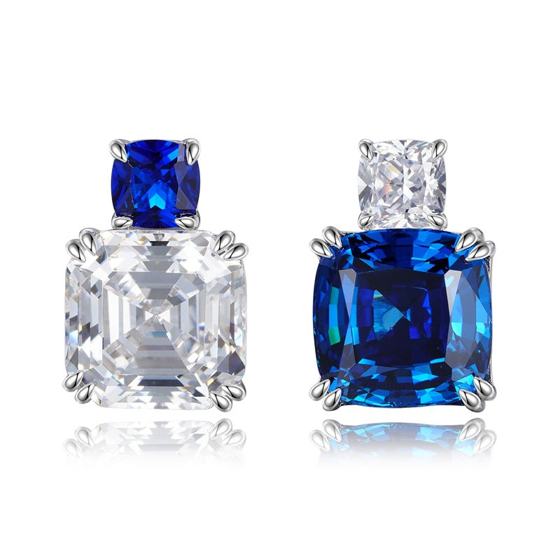 Asscher Cut and Cushion Cut Sapphire Blue Dangle Earrings in Sterling Silver shine of diamond