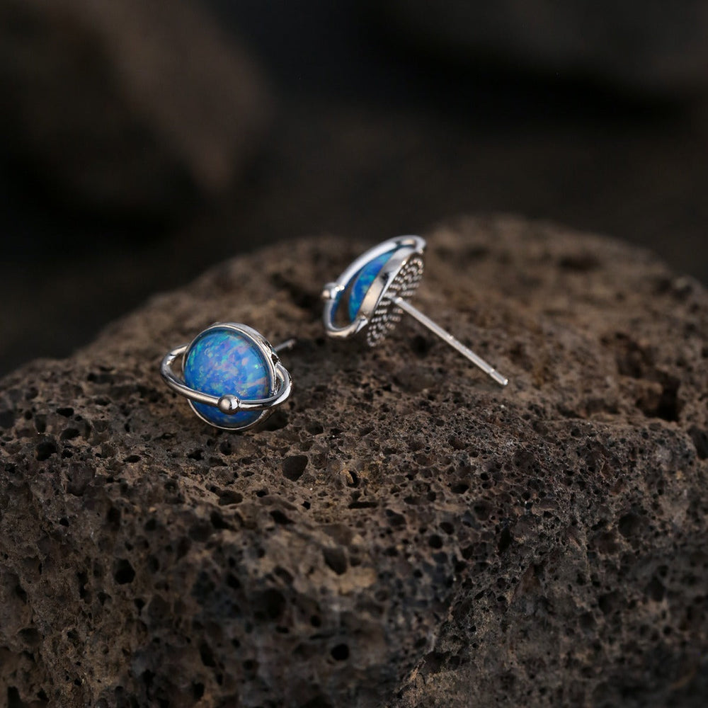 Retro Blue Earth Design Opal Stud Earrings Carly Jewelry