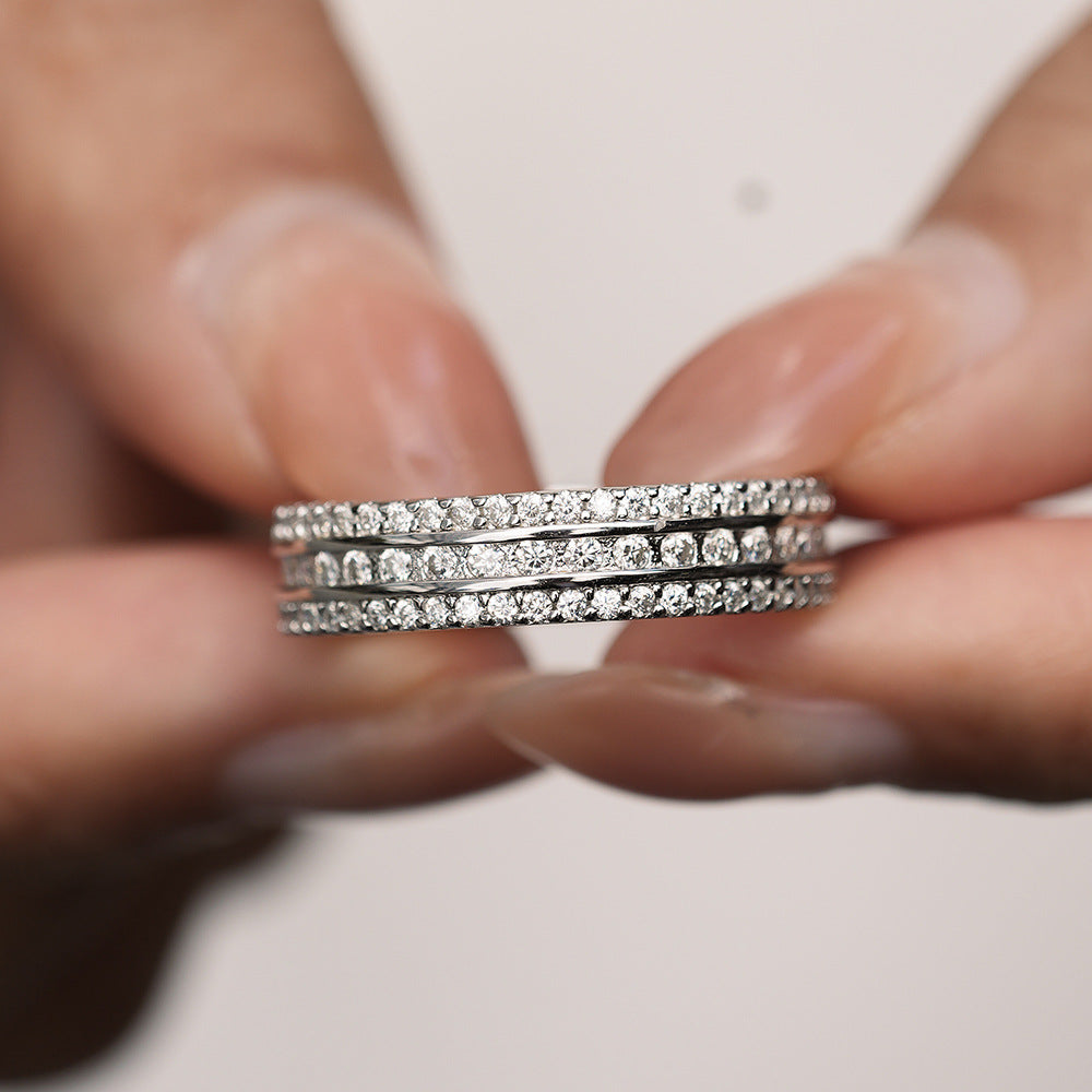 Gorgeous 3 Row Moissanite Sterling Silver Ring Shine of Diamond