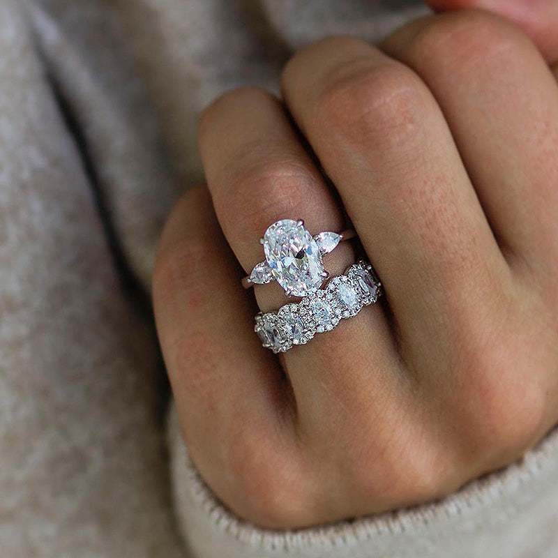 Exquisite Oval Cut Three Stone Wedding Bridal Set In Sterling Silver Shineofdiamond