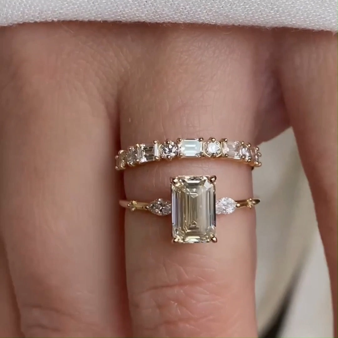 2pcs Luxurious Golden Tone Emerald Cut Three Stone Sterling Silver Bridal Set Shineofdiamond