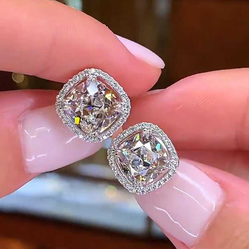 Sparkle Halo Cushion Cut Stud Earrings In Sterling Silver Shineofdiamond