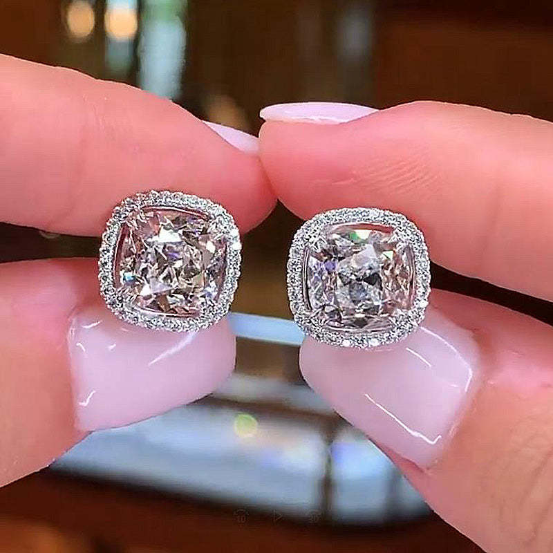Sparkle Halo Cushion Cut Stud Earrings In Sterling Silver Shineofdiamond