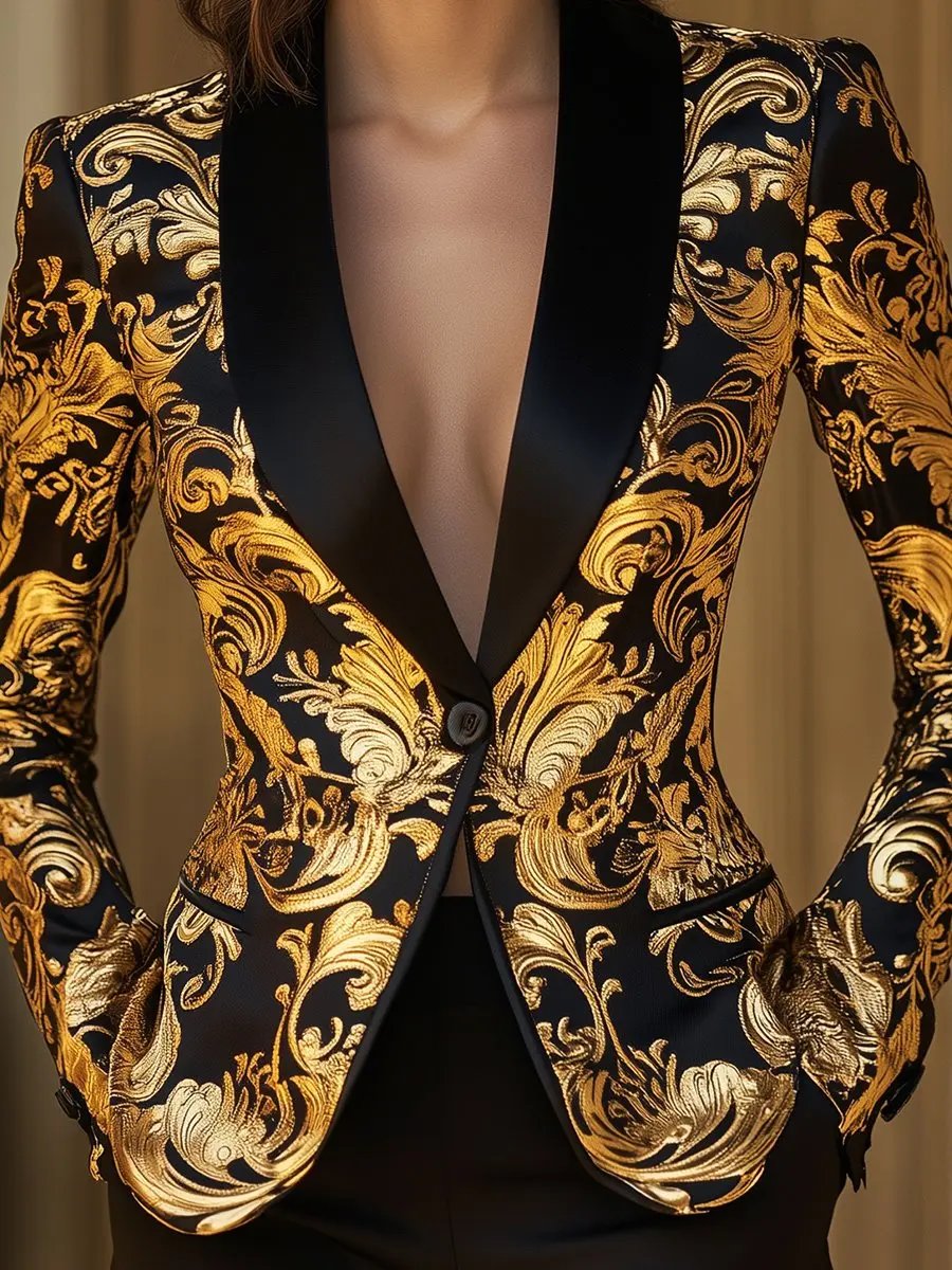 Opulent Black & Gold Baroque Floral Print - Blazer CASA LARO