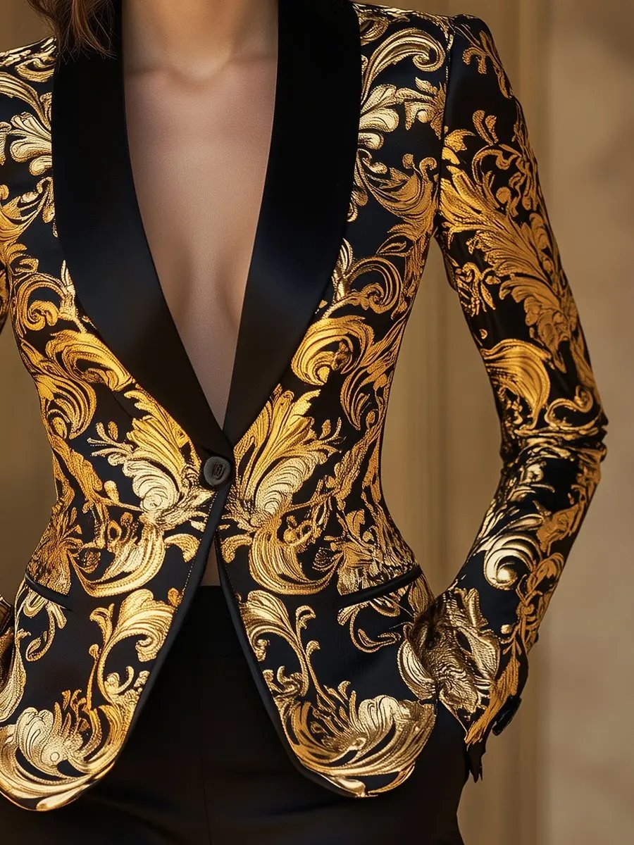 Opulent Black & Gold Baroque Floral Print - Blazer CASA LARO
