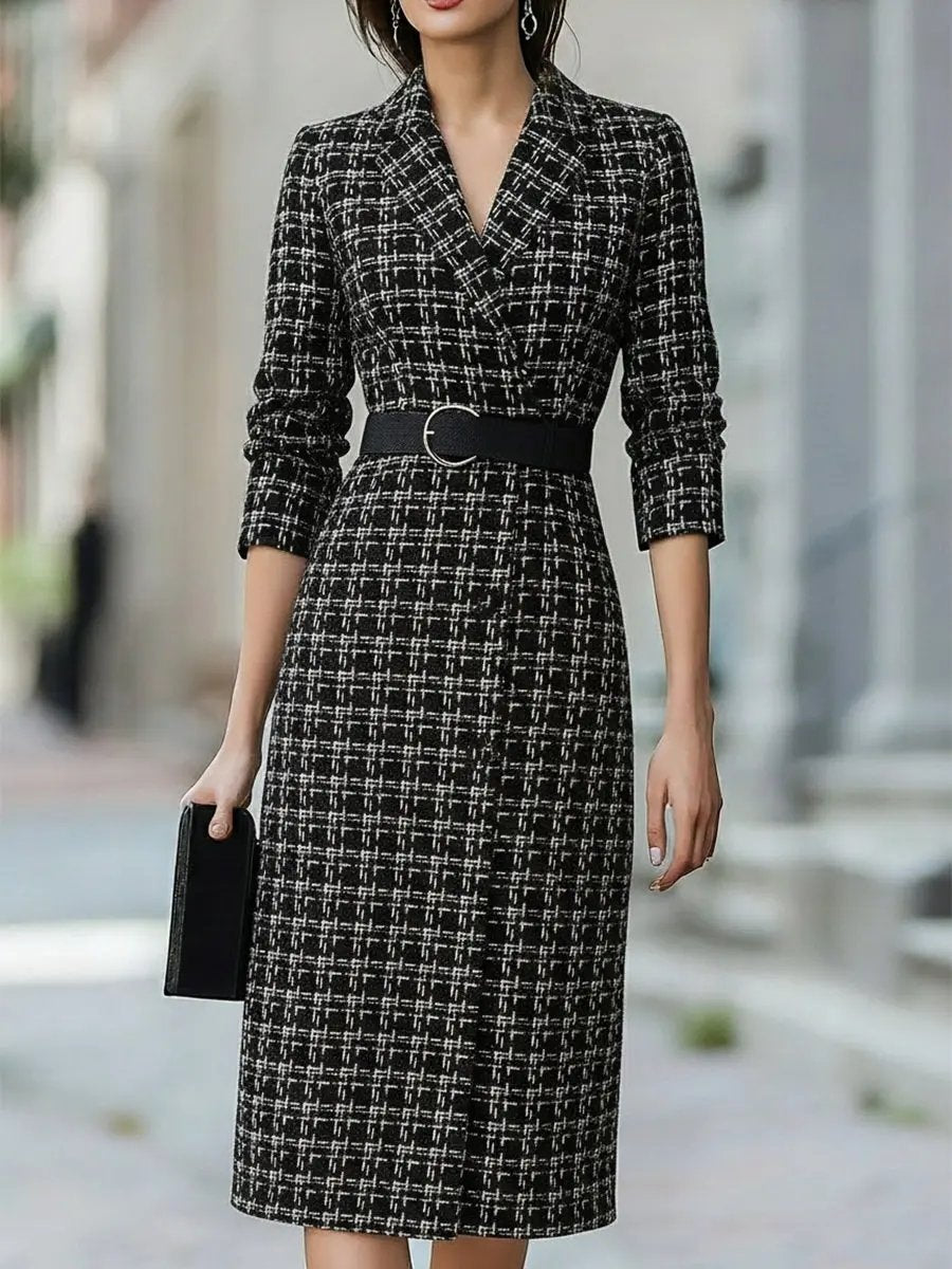 Plaid Tweed Belted Vintage Chic - Midi Dress CASA LARO