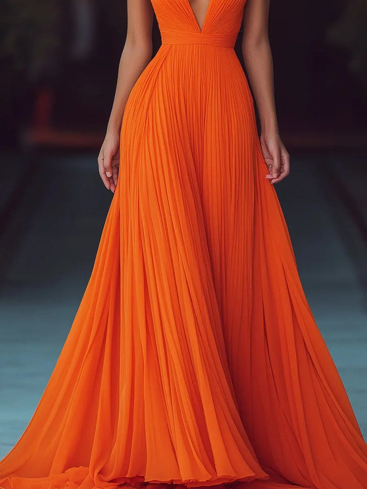 Pleated V-Neck Halter Flowy Sleeveless - Maxi Dress CASA LARO