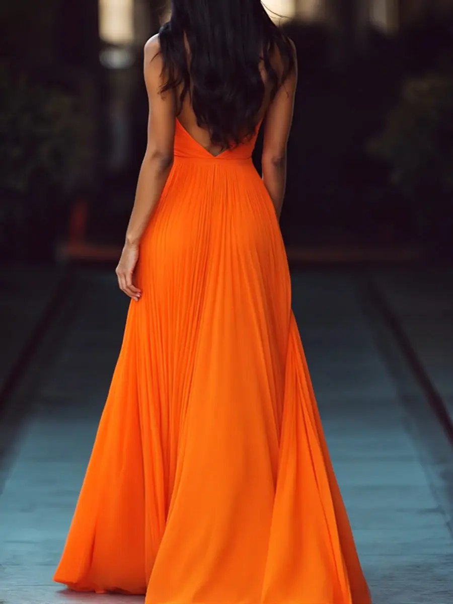 Pleated V-Neck Halter Flowy Sleeveless - Maxi Dress CASA LARO