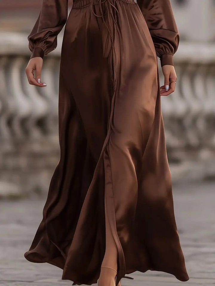 Satin Cinched Waist Mocha Brown - Maxi Dress CASA LARO