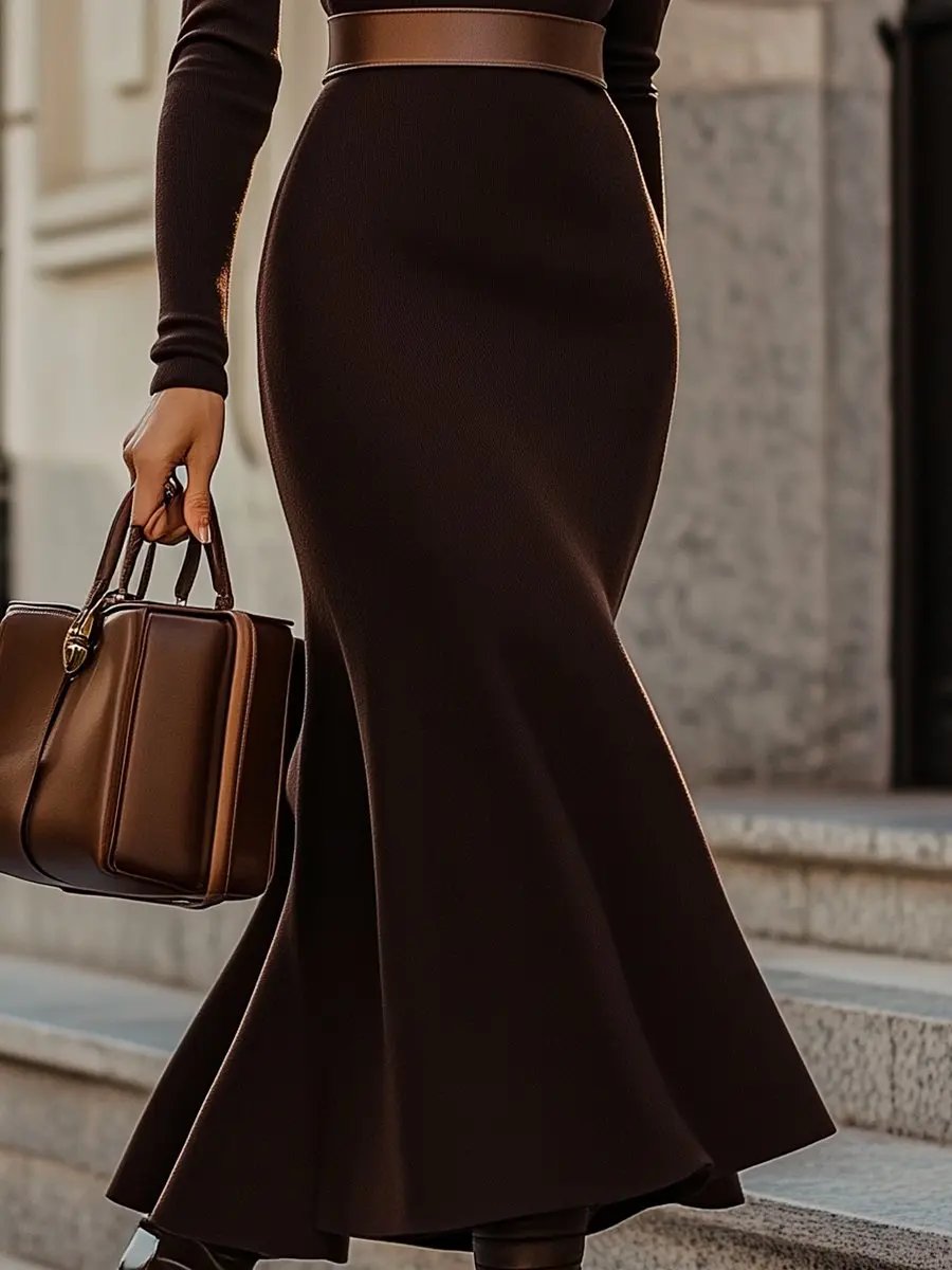 Sleek Espresso Turtleneck with Contrast Waistband - Midi Dress CASA LARO