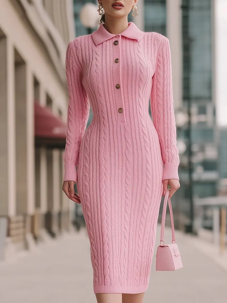 Sweet Pink Cable-Knit Polo Collar - Midi Dress CASA LARO