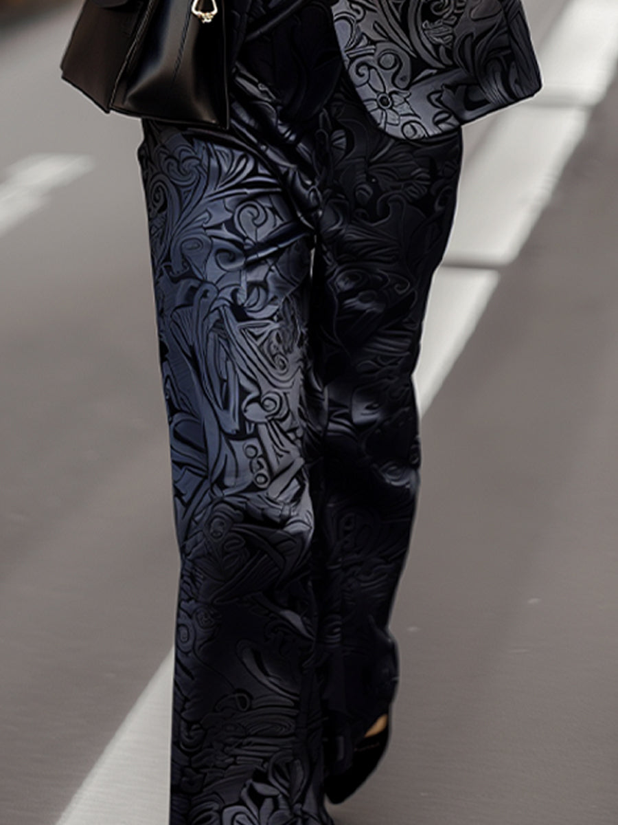 Sophisticated Black Jacquard Trousers with Floral Motifs ZJ