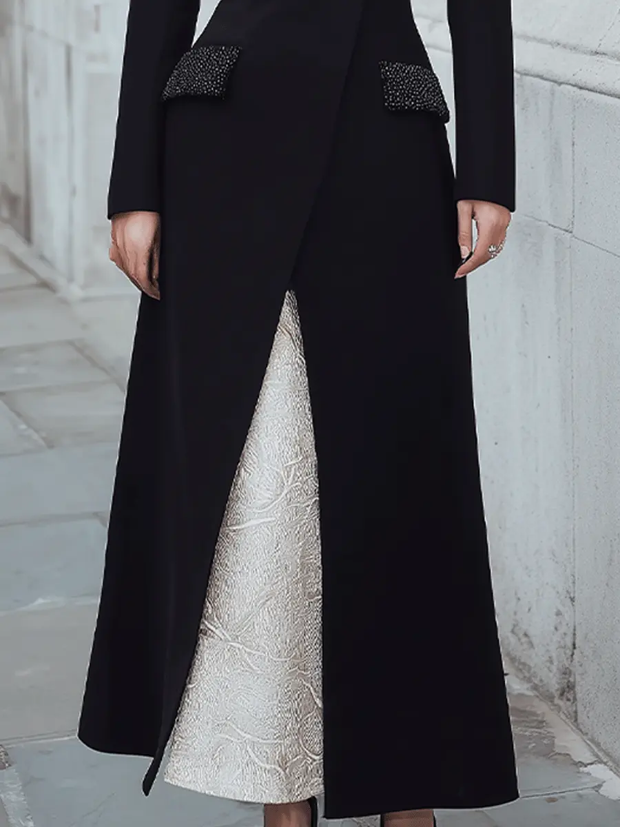 Tailored Black Longline Blazer Dress with Embellished Pockets & Contrast Underdress - Midi Dress CASA LARO