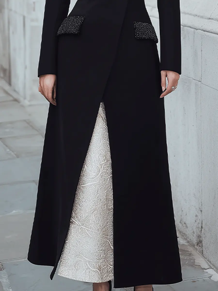 Tailored Black Longline Blazer Dress with Embellished Pockets & Contrast Underdress - Midi Dress CASA LARO