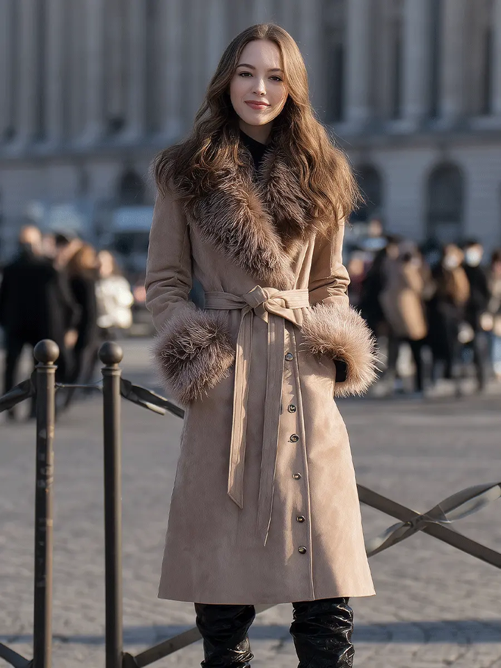 Taupe Belted with Faux-Fur Trim Collar & Cuffs - Coat CASA LARO